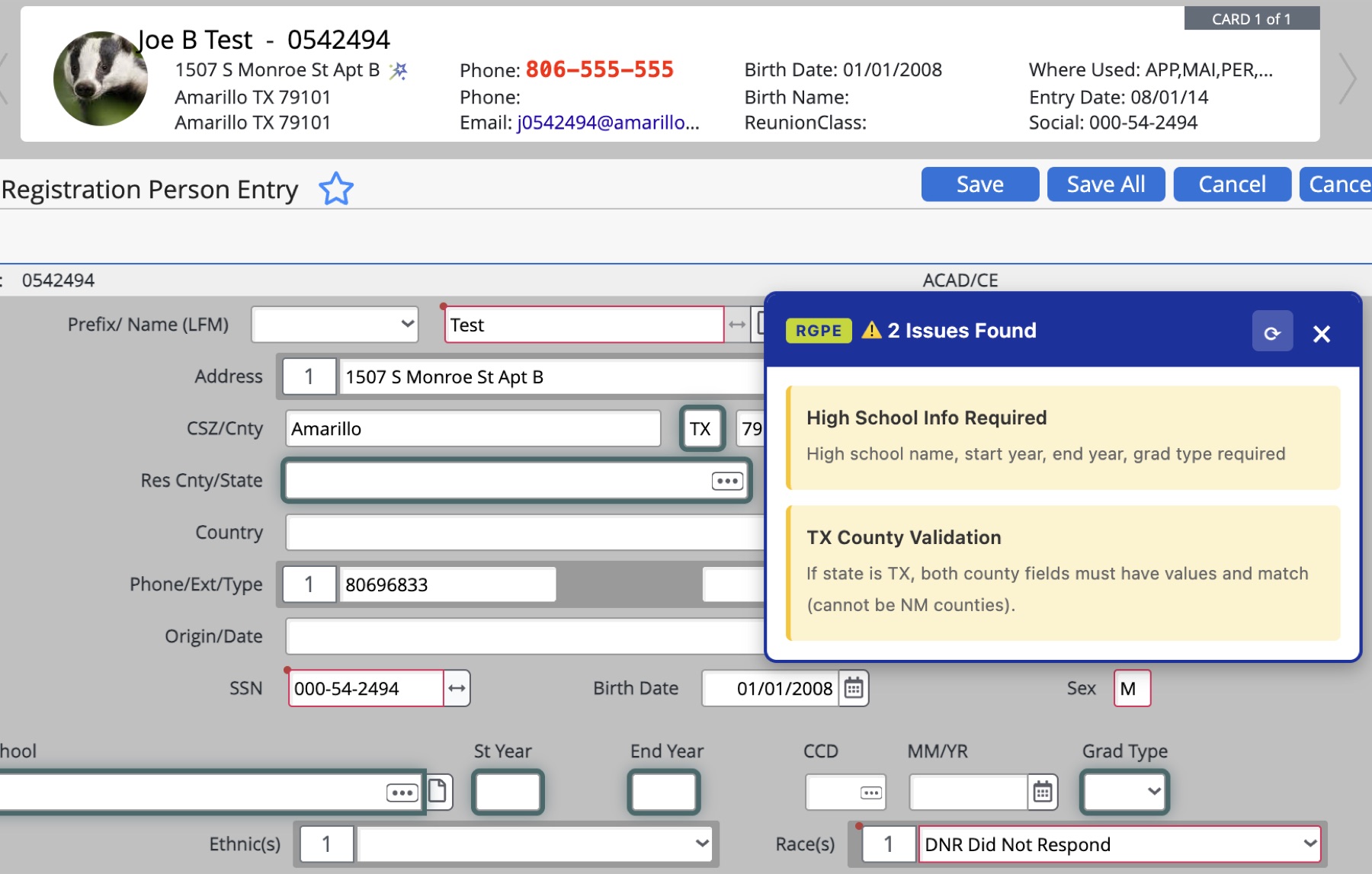 AskAC app-checker modal flagging two validation issues on a registration entry screen, using sample test data