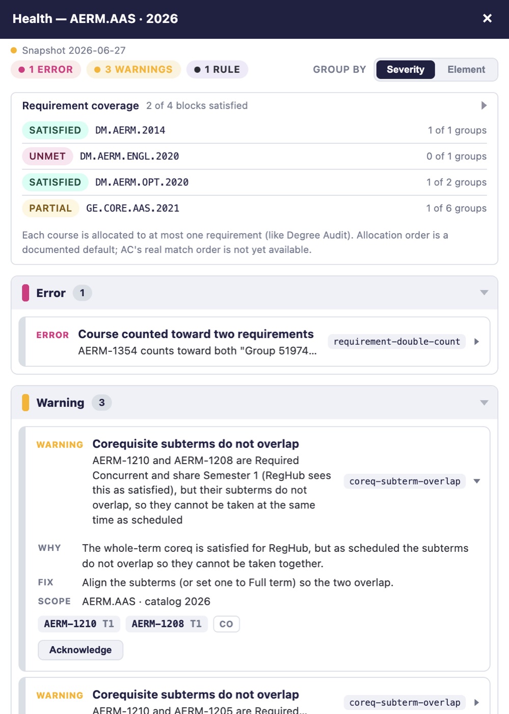 a finding expanded — the why, the fix, and the exact courses in scope