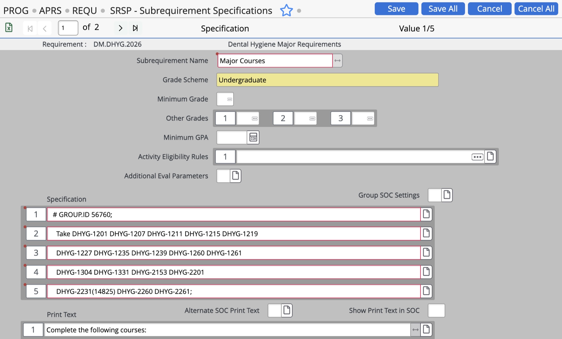 correcting a subrequirement specification in Colleague (SRSP)