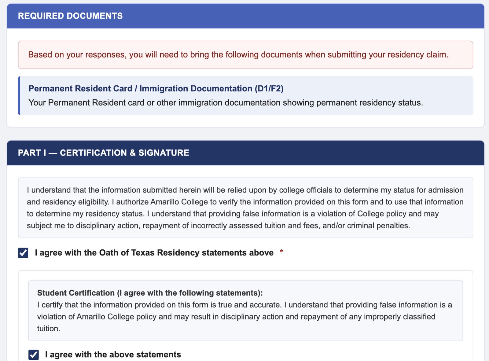 the form's verdict — required documents and certification, no applicant data